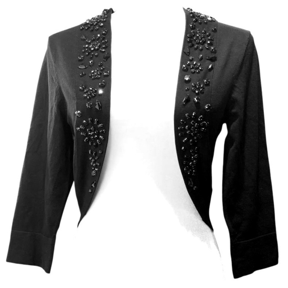 White House Black Market Bolero Women M Black Silk Beaded Glam Evening Shrug